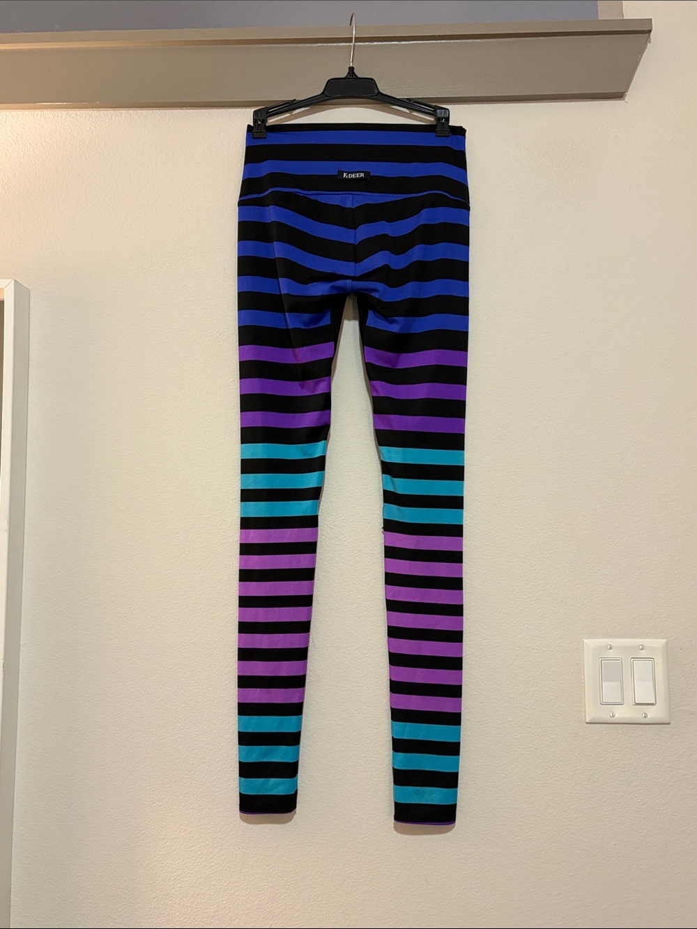 K-DEER Blue/Purple Multicolor Stripe Leggings SZ L EUC - Picture 2 of 3